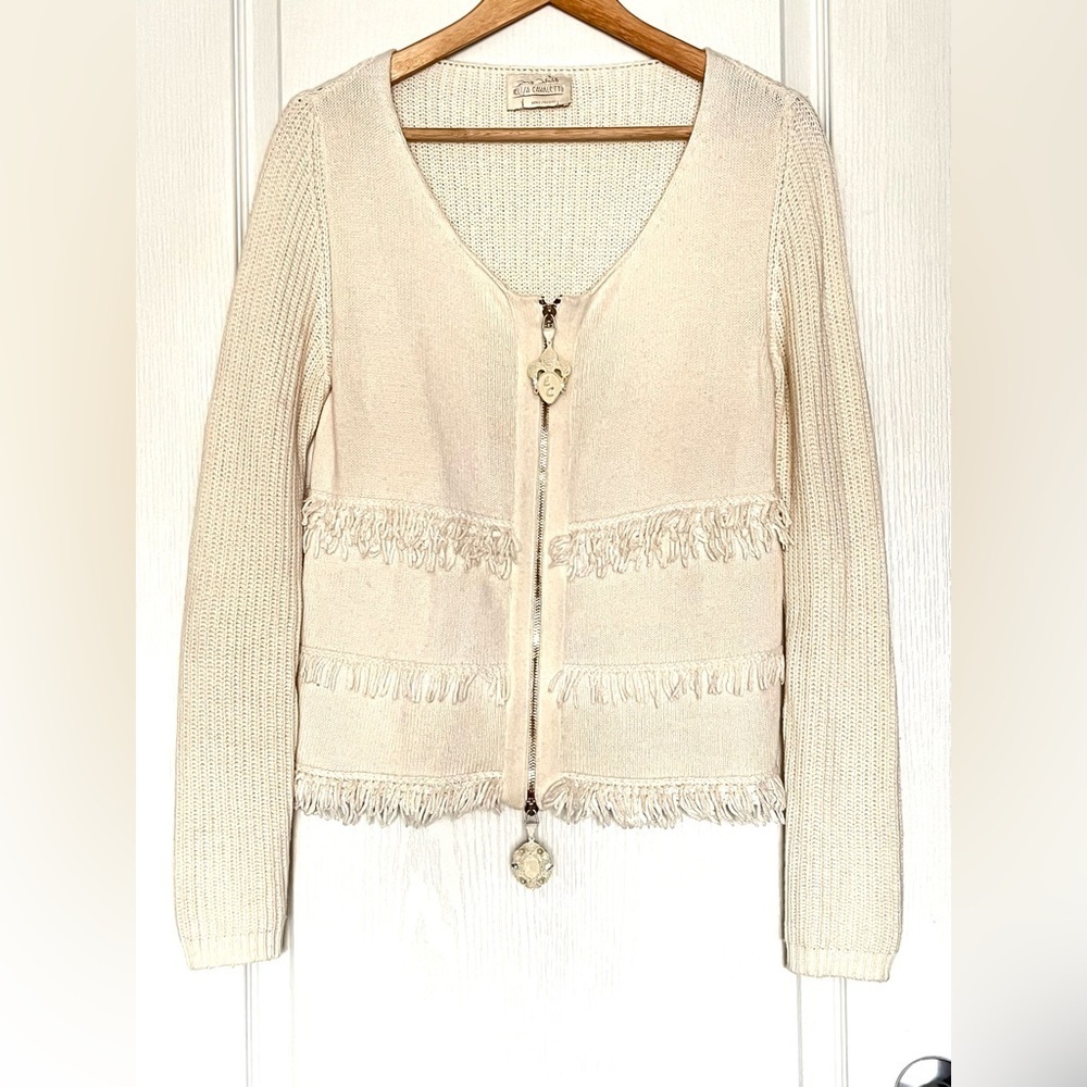 ELISA CAVALETTI Cream Knit Fringe Zip Cardigan Sz M Shabby Chic Eclectic Grandpa